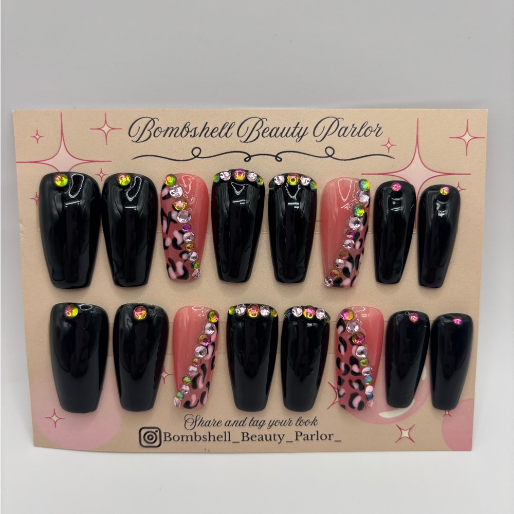 Cheetah bling nails coffin medium pink and black